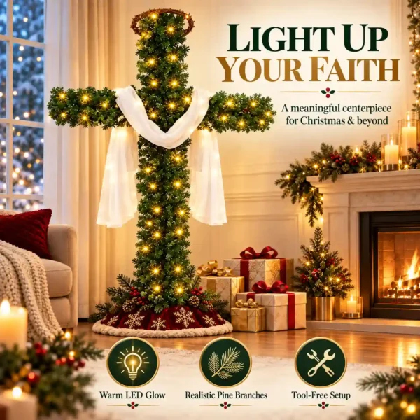 The cross tree glowing with warm lights at night